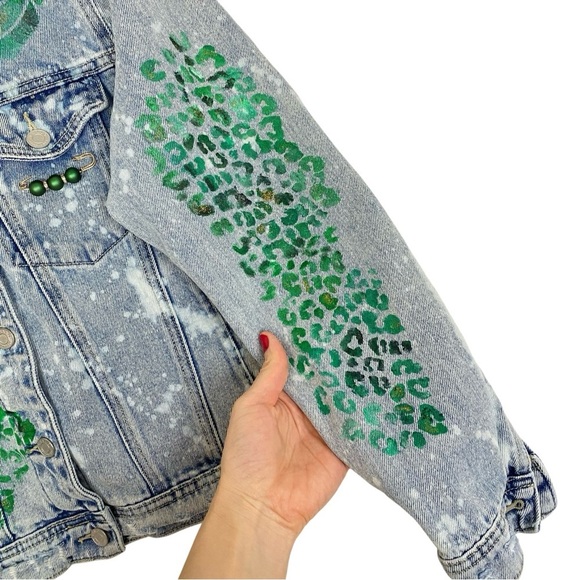 Handmade Jean Jacket Womens Small Denim Floral Mandala Blue Green Gold Upcycled - Picture 9 of 14